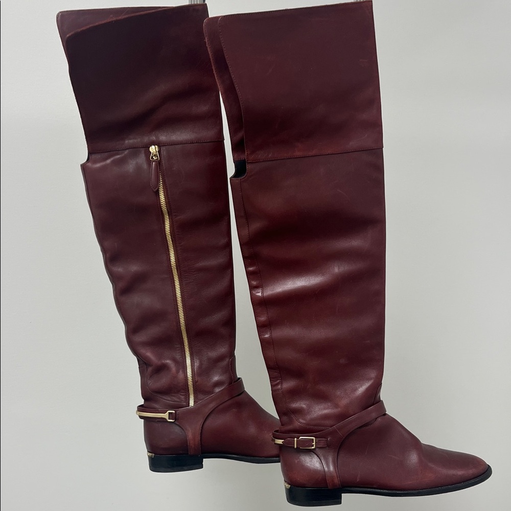 Burberry Burgundy Over-the-Knee Leather Riding Boots with Gold Zip